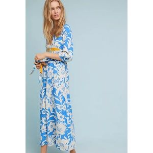 Anthropologie Maeve Blue Yellow White Floral Belted Kimono Maxi Dress Size 6 NWT